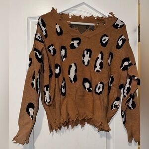 Khaki Brown Leopard Distressed Cropped Sweater
